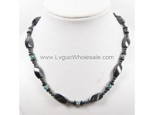 Mens Magnetic Hematite 8x12mm Twist Beads with Blue Cloisonne Strands Necklace